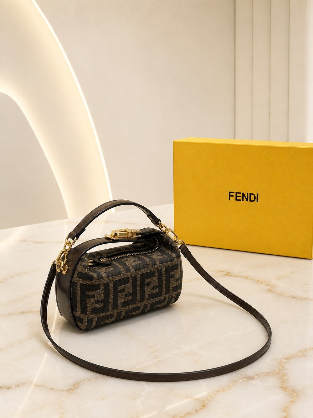 Fendi Brown FF Jacquard Top Handle Bag | Mini Roll